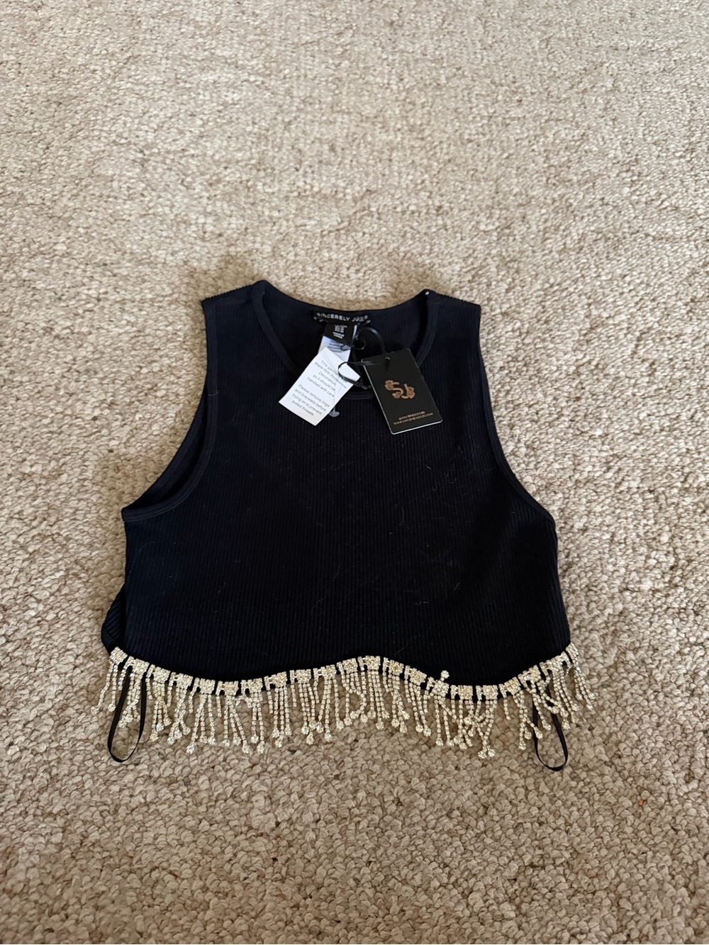 Sincerly Jules Black Ribbed Crop Top with Pearl Fringe